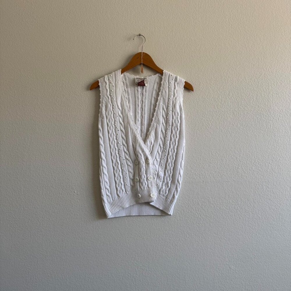 Vintage White Cottage Core Knit Cardigan Button Vest size Small